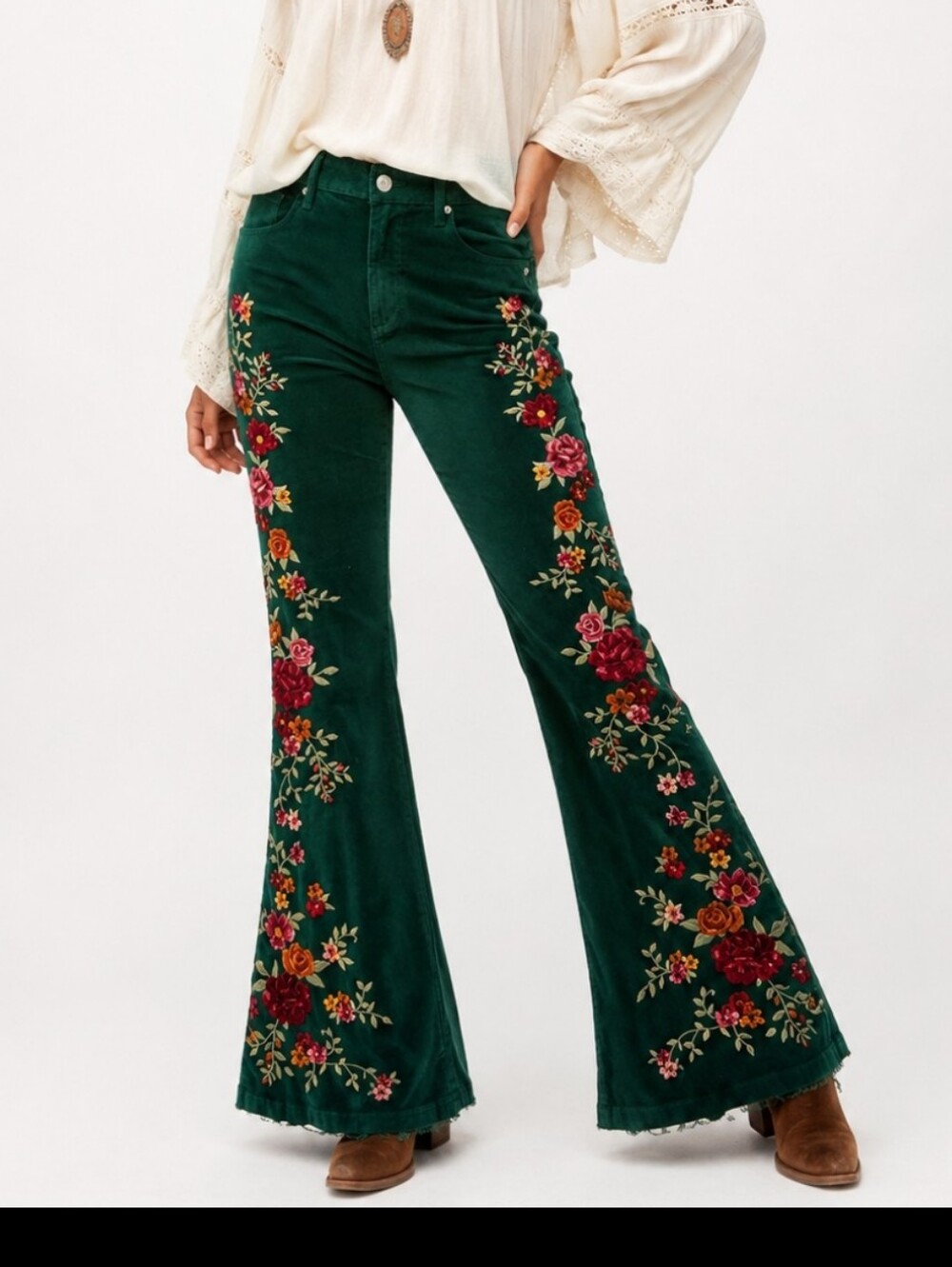 Free People Corduroy Driftwood Boho Cotton S30 Cord Flare Jeans Green Embroiderd